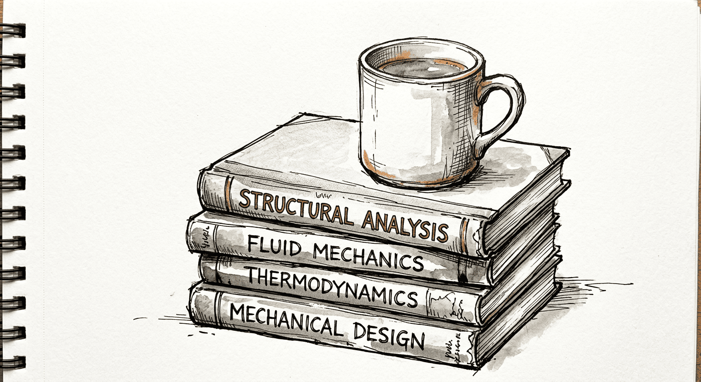 Coffee mug on a stack of engineering manuals