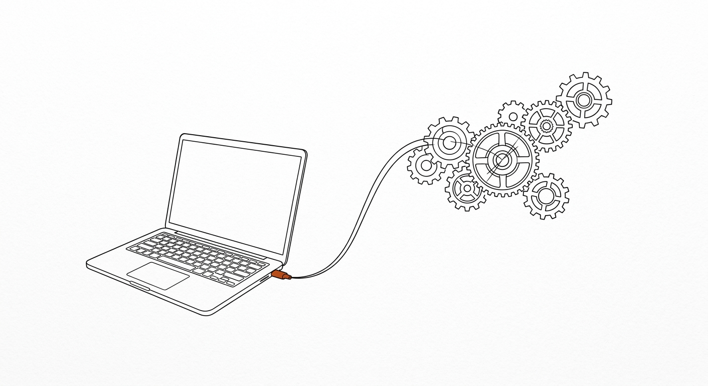 A minimalist monolinear sketch of a sleek laptop connected by a single, perfectly curved line to abstract floating gears.