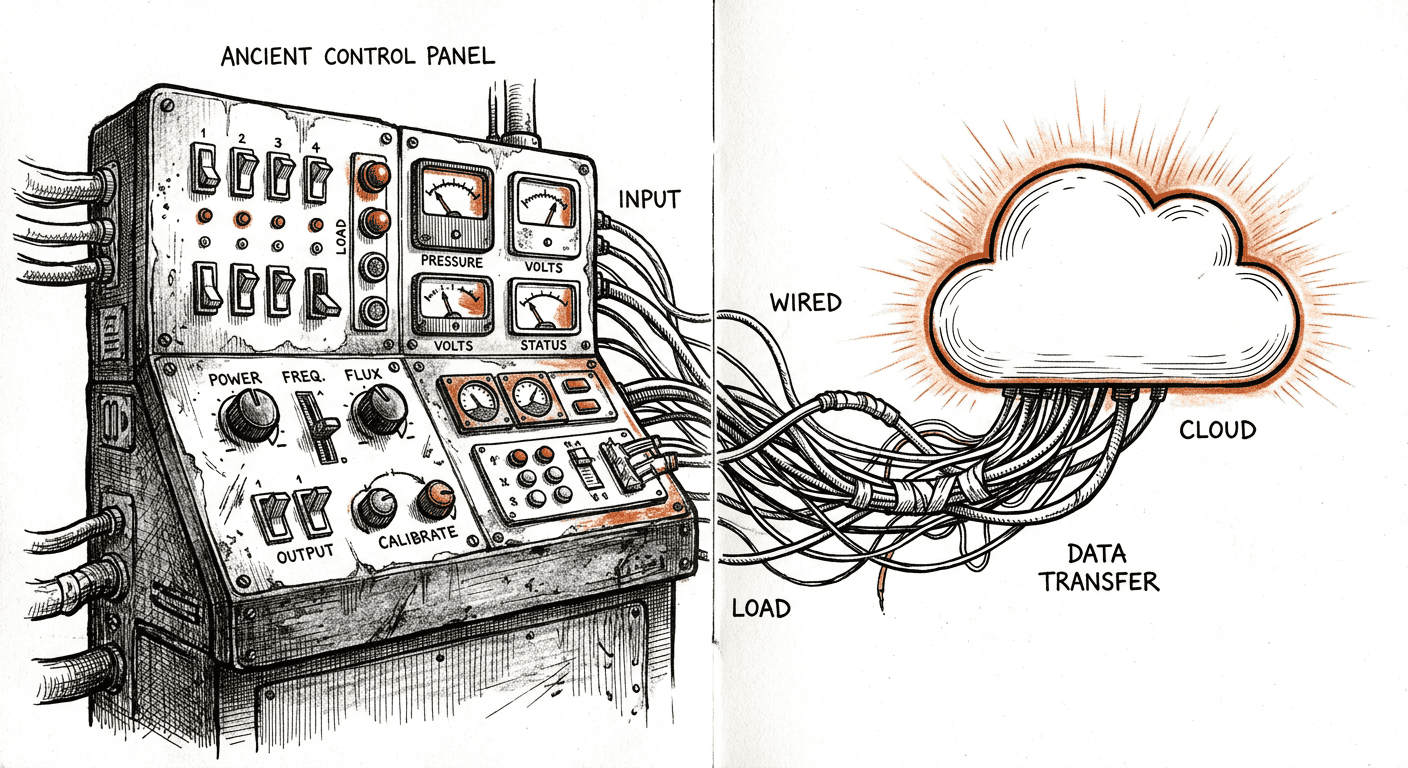 Modern tablet wired into a vintage control panel